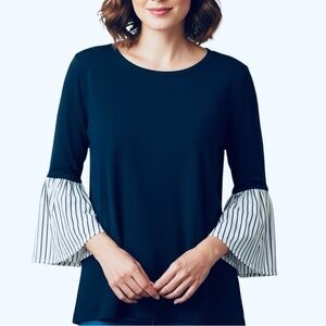 Crown & Ivy Navy Knit Top Blouse with Striped Poplin3/4 Bell Sleeves Large